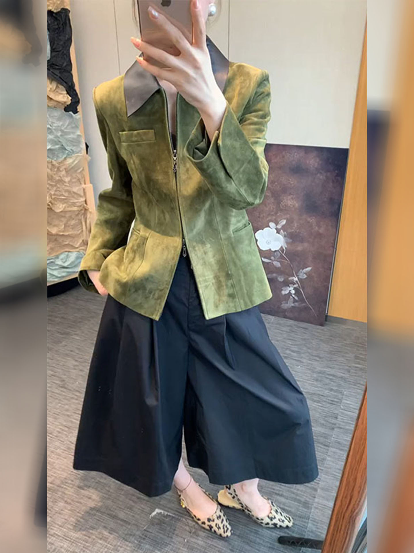 Retro Vintage Korean Fashion - Jaket Suede Hijau Gaya Retro Wanita,