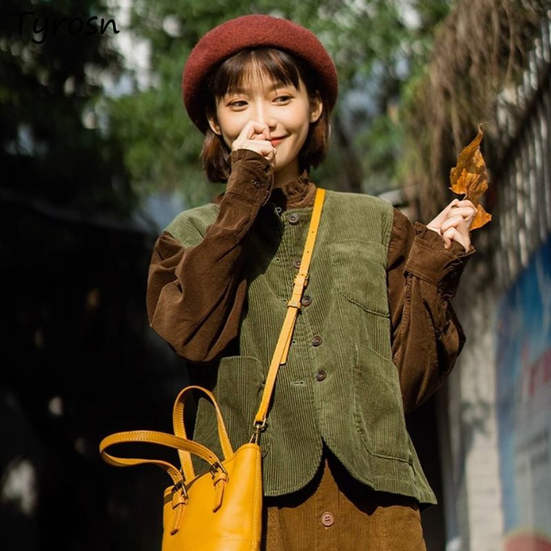 Retro Vintage Korean Fashion - Rompi wanita korduroi Retro antik tanpa