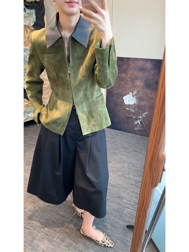 Jaket Suede Hijau Gaya Retro W - Retro Vintage Korean Fashion ulasan dan harga