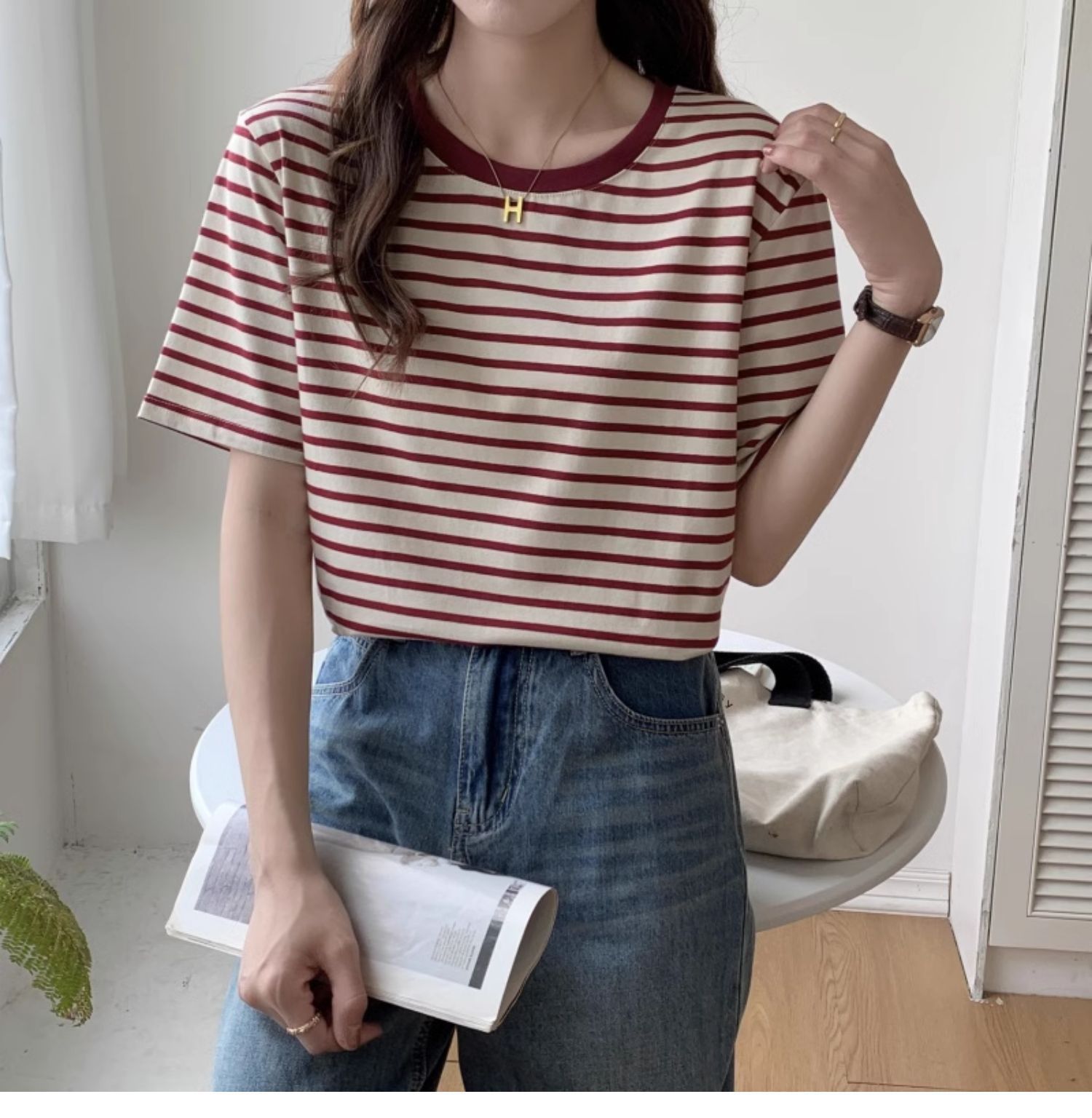 Kaos Vintage Bergaris Wanita R - Retro Vintage Korean Fashion ulasan dan harga