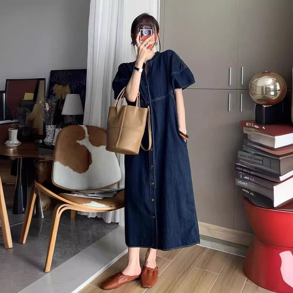 Gaun Denim Panjang Longgar Vin - French Vintage Fashion ulasan dan harga